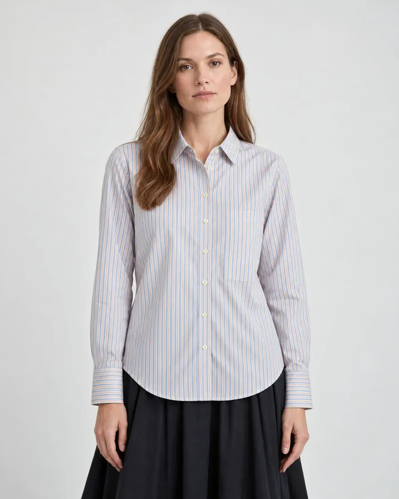 The same striped shirt worn by a model in a soft grey studio